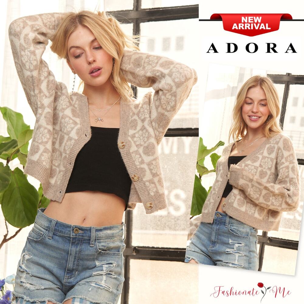 ADORA Heart Printed Button Down Relaxed Fit Cropped Sweater Cardigan | Oatmeal